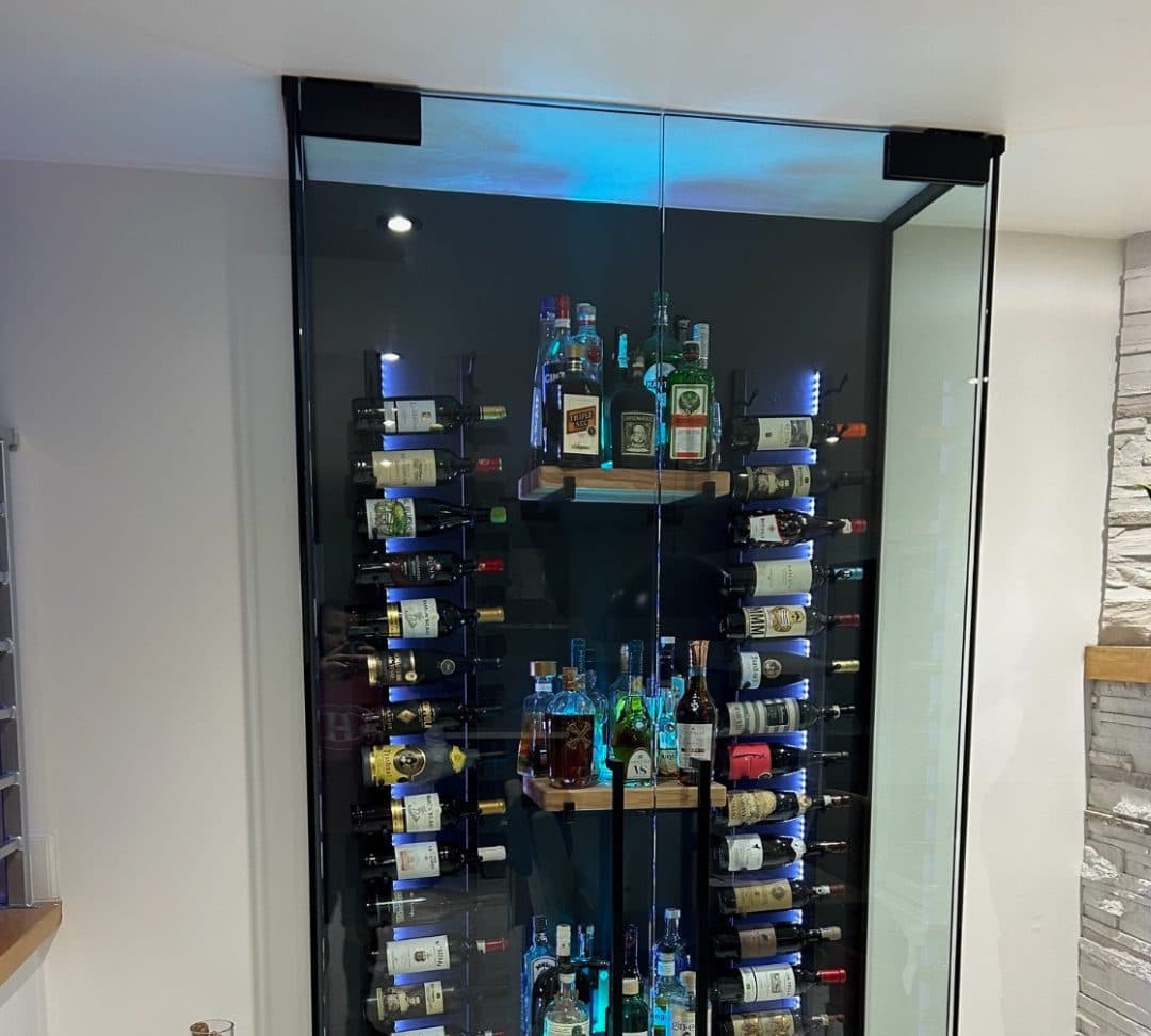 LED-lit glass wine cellar